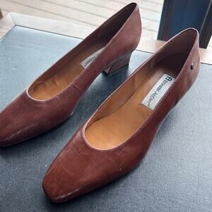 Vintage Etienne Aigner Cognac Leather Pumps Square Toe Low Heel Womens 8W NOS